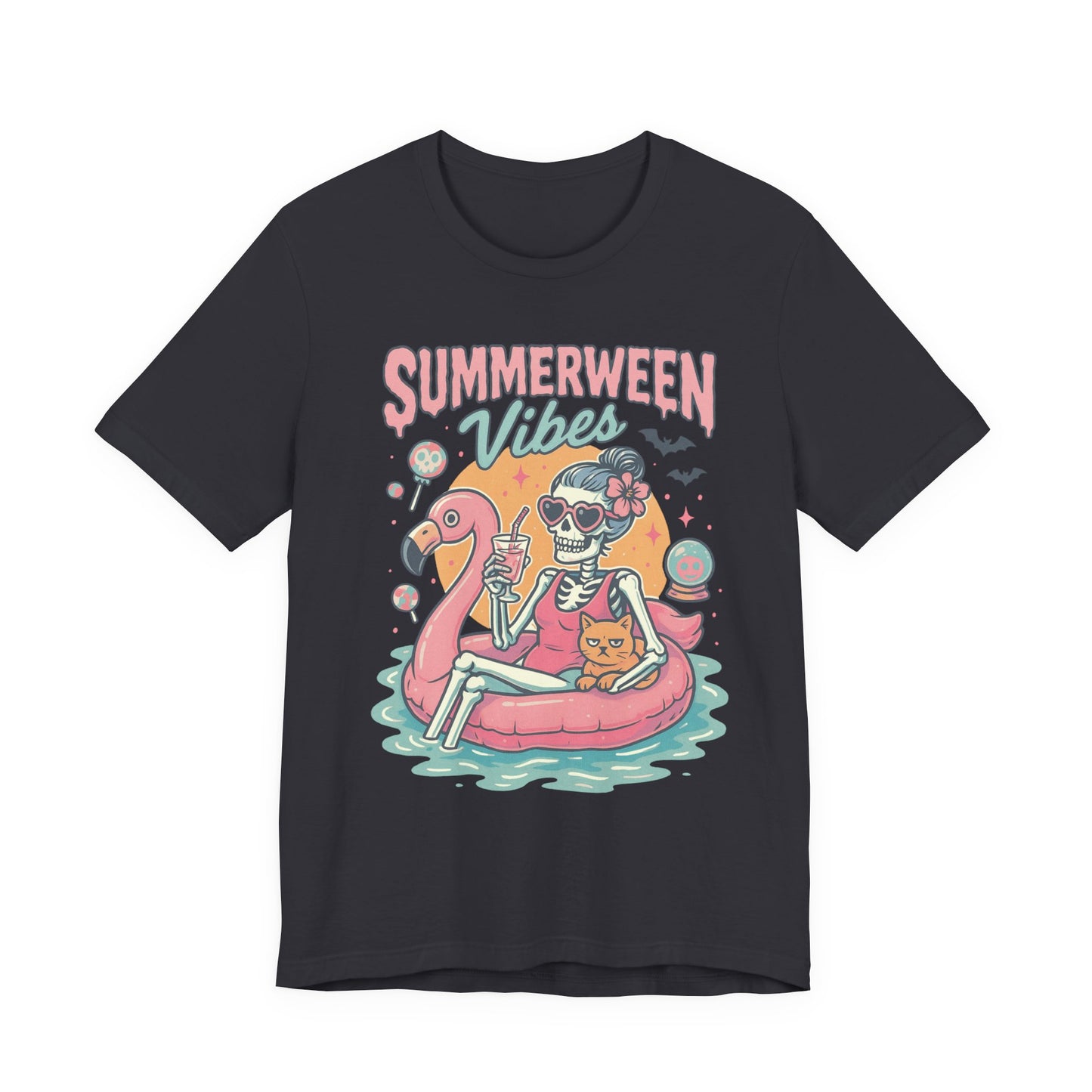 Summerween Vibes Skeleton Tee, Unisex Summer Shirt, Cute Halloween T-Shirt, Fun Seasonal Apparel, Gift for Halloween Lovers