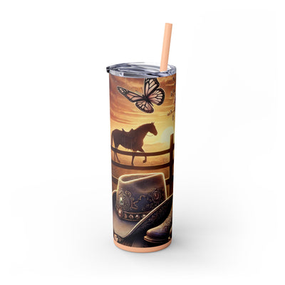 Western-Themed 20oz Skinny Tumbler With Straw, Rustic Cowgirl Drinkware, Stylish Travel Cup, Perfect for Gifting, Barbecue, and Rodeos