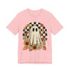 Cute Checkered Ghost Fall Graphic Tee | Unisex Short Sleeve T-Shirt, Halloween Shirt, Floral Graphic Tee, Fall Apparel, Pumpkin Patch Outfit