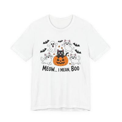 Halloween Cat Graphic Tee | Unisex Short Sleeve T-Shirt - "Meow, I mean Boo" Spooky Season Outfit, Cute Gift for Cat Lovers, Halloween Party Wear, Cozy Casual Shirt