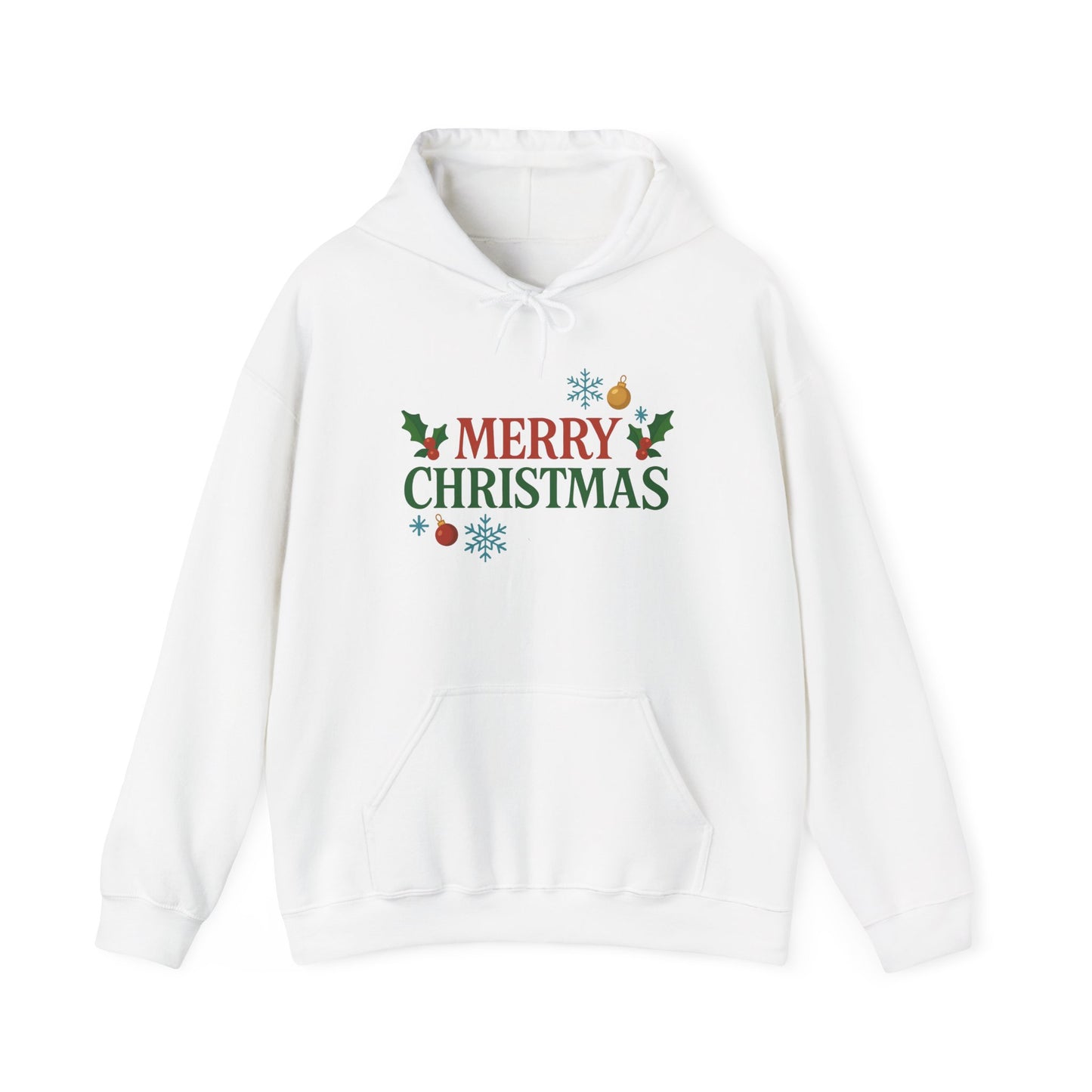 Merry Christmas Holly & Ornaments Hoodie | Christmas Festive Holiday Hooded Sweatshirt