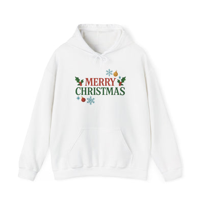 Merry Christmas Holly & Ornaments Hoodie | Christmas Festive Holiday Hooded Sweatshirt