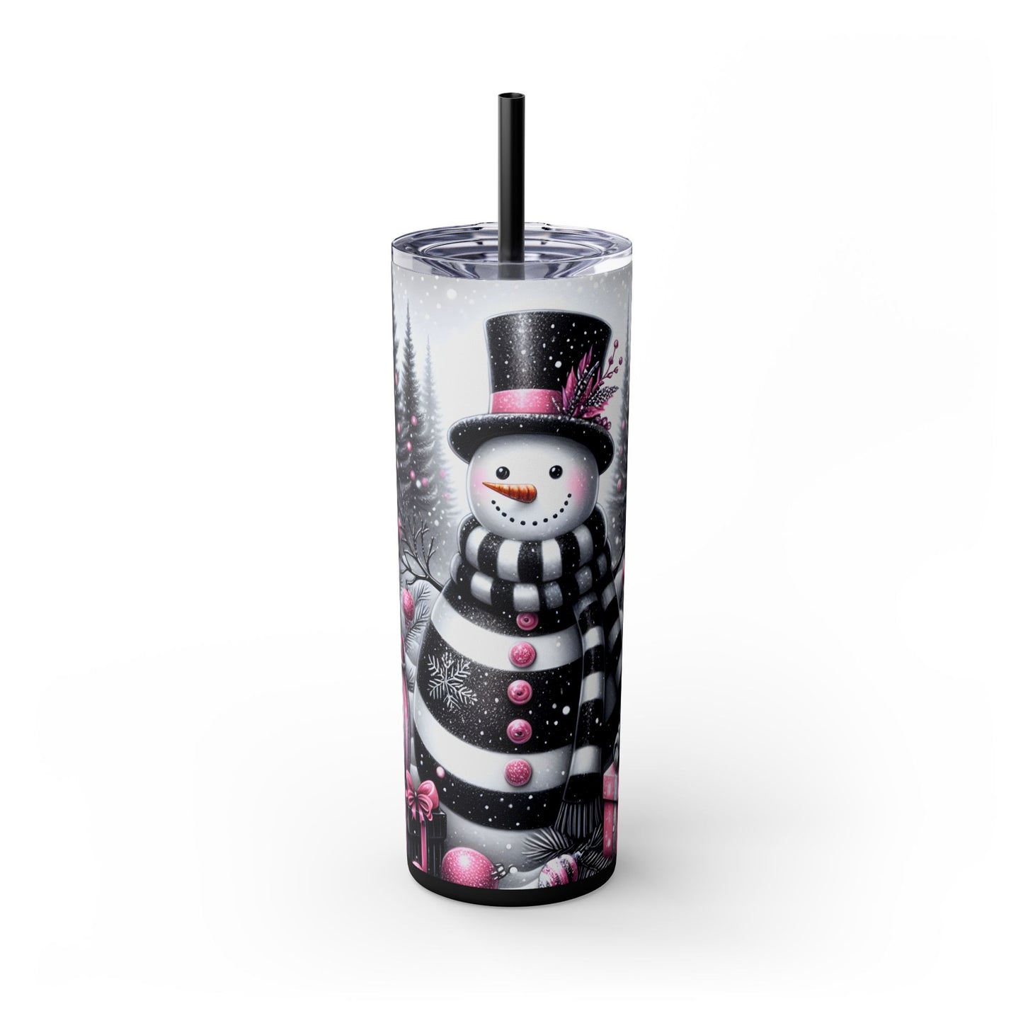 Pink & Black Snowman Goth Christmas 20oz Skinny Tumbler with Straw | Holiday Tumbler Gift For Everyone