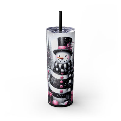 Pink & Black Snowman Goth Christmas 20oz Skinny Tumbler with Straw | Holiday Tumbler Gift For Everyone