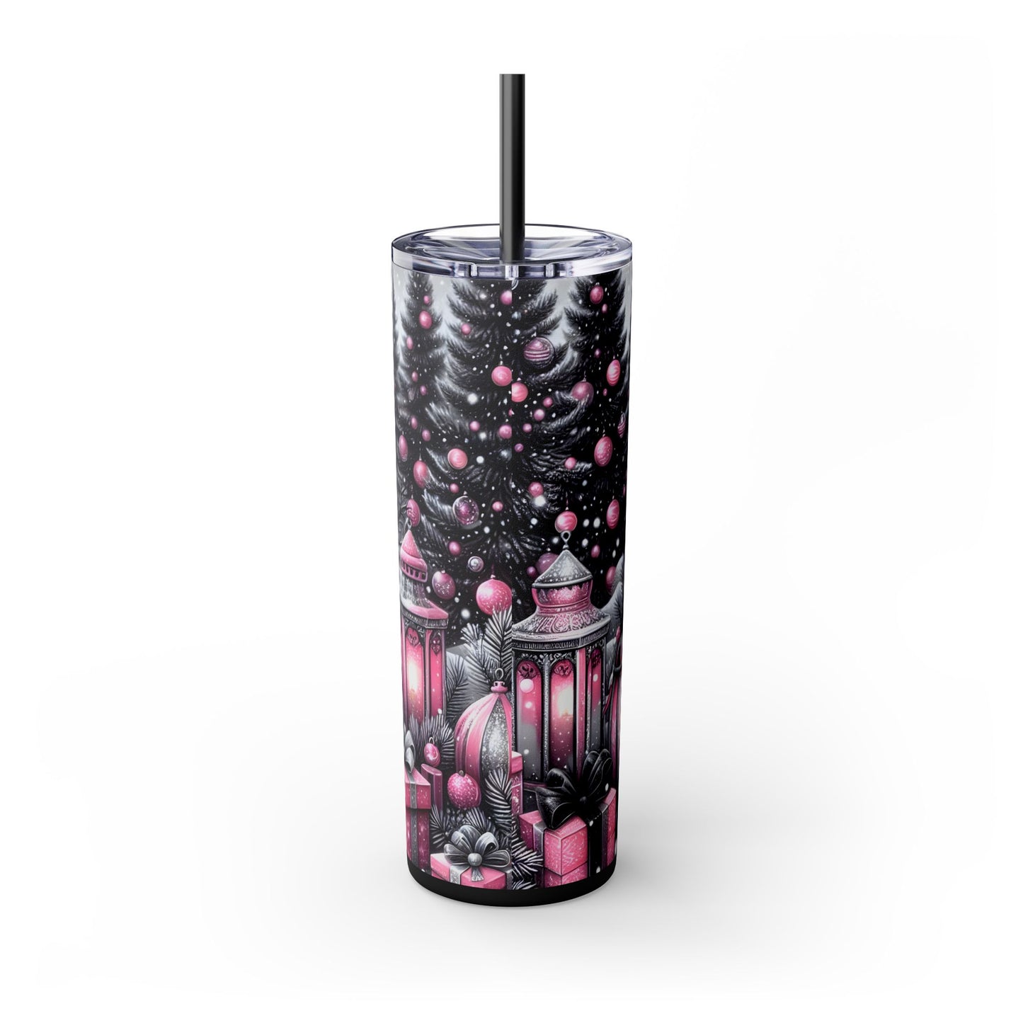 Pink & Black Snowman Goth Christmas 20oz Skinny Tumbler with Straw | Holiday Tumbler Gift For Everyone
