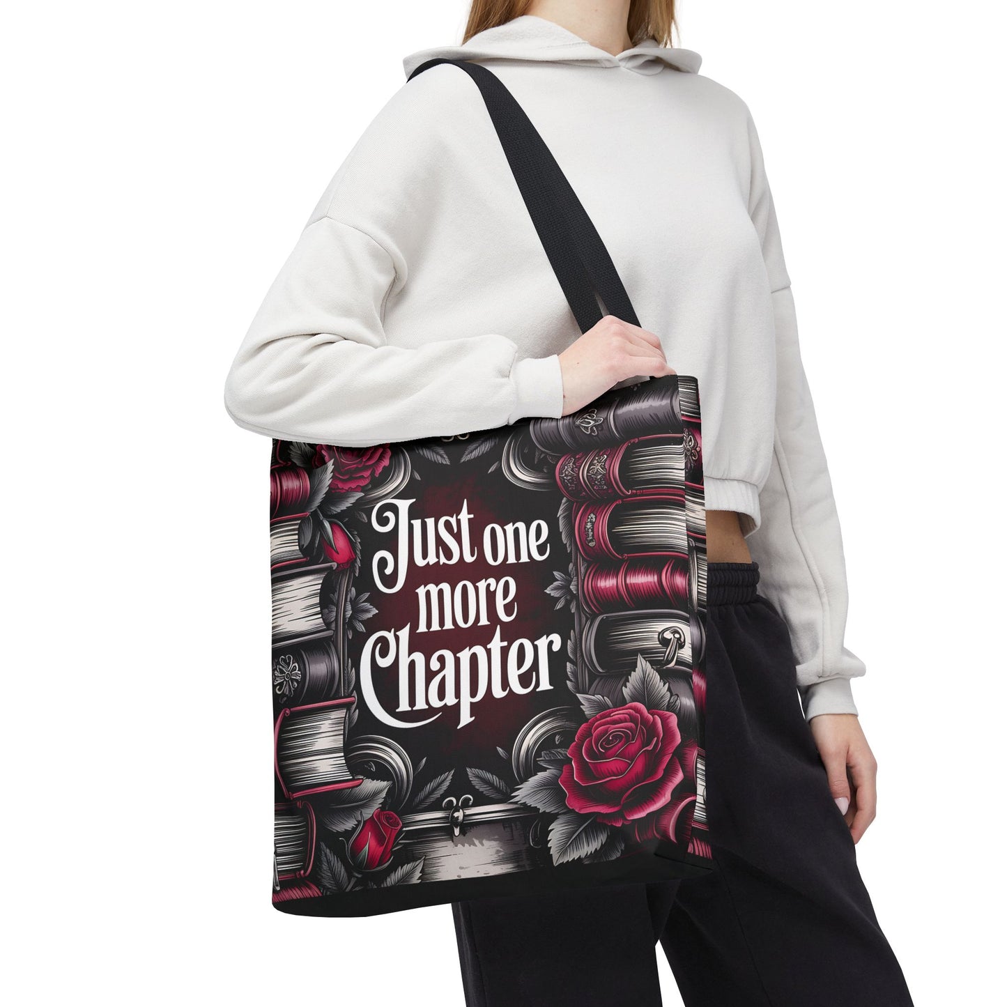 Just One More Chapter Literary Tote Bag, Just One More Chapter Book Lover Gift, Reading Accessory, Gift for Bibliophile, Floral Book Bag, Bookish Tote