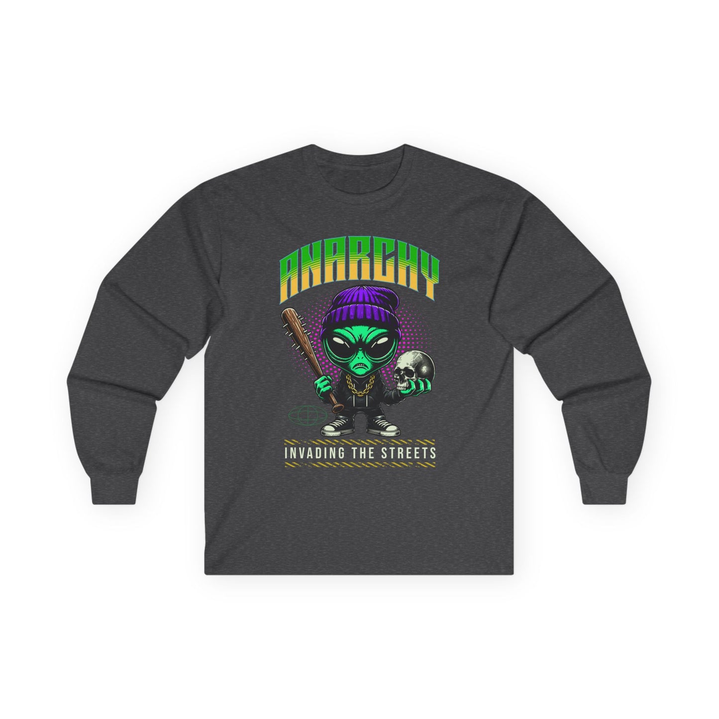Anarchy Alien Long Sleeve Tee | Cartoon Alien with Bat & Skull Streetwear Shirt