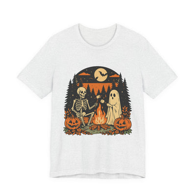 Autumn Campfire Halloween Ghost & Skeleton Tee, Unisex Halloween Shirt, Party T-Shirt, Spooky Season Apparel, Fall Festive Top, Ghoulish Graphic Tee