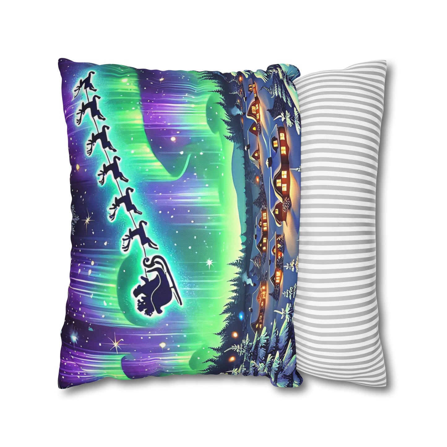 Santa Sleigh Winter Village - Northern Lights Christmas Pillowcase | Holiday Decorative Throw Pillow Cover COVER ONLY
