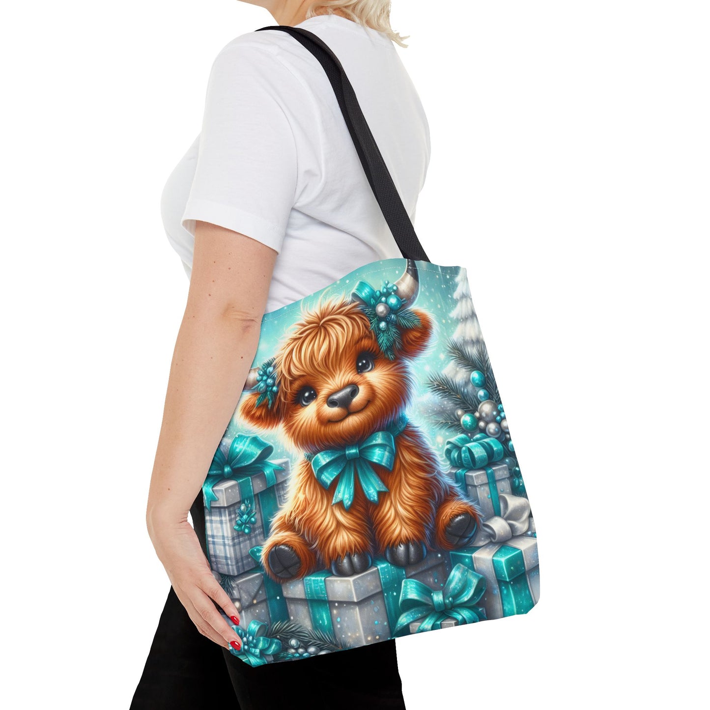 Cute Highland Calf Christmas Tote Bag | Festive Holiday Gift & Shopping Bag