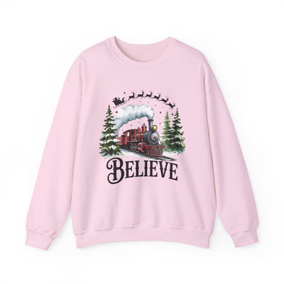 Believe Christmas Train Unisex Crewneck Sweatshirt | Cozy Christmas Holiday Graphic Pullover