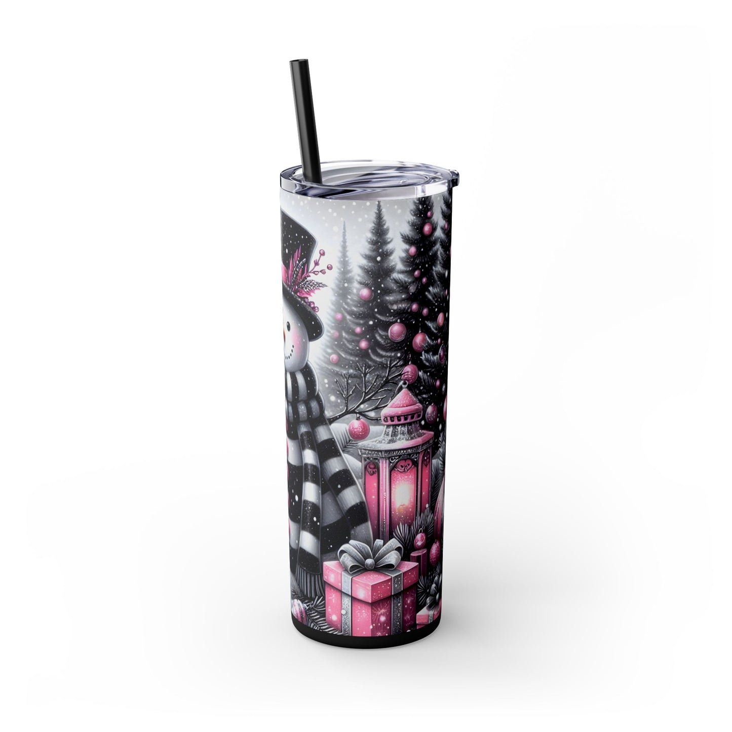 Pink & Black Snowman Goth Christmas 20oz Skinny Tumbler with Straw | Holiday Tumbler Gift For Everyone