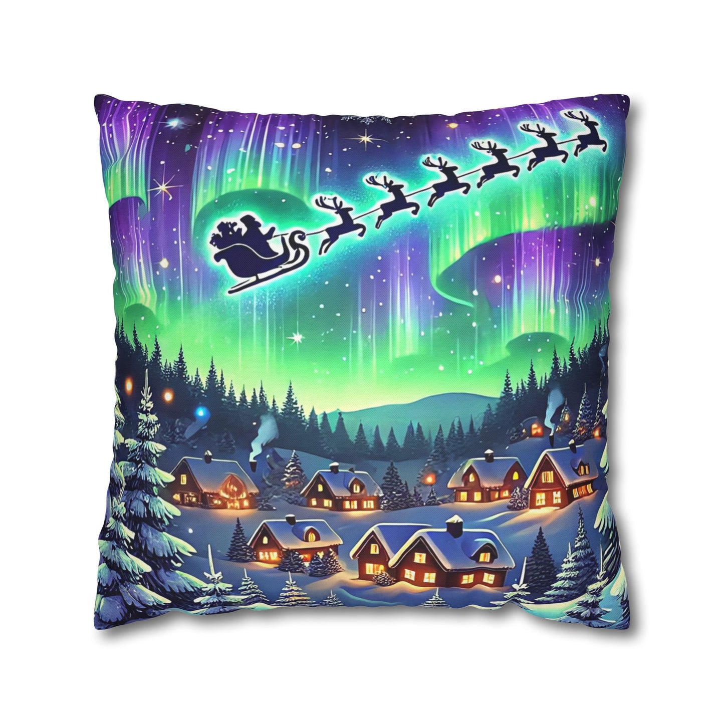 Santa Sleigh Winter Village - Northern Lights Christmas Pillowcase | Holiday Decorative Throw Pillow Cover COVER ONLY