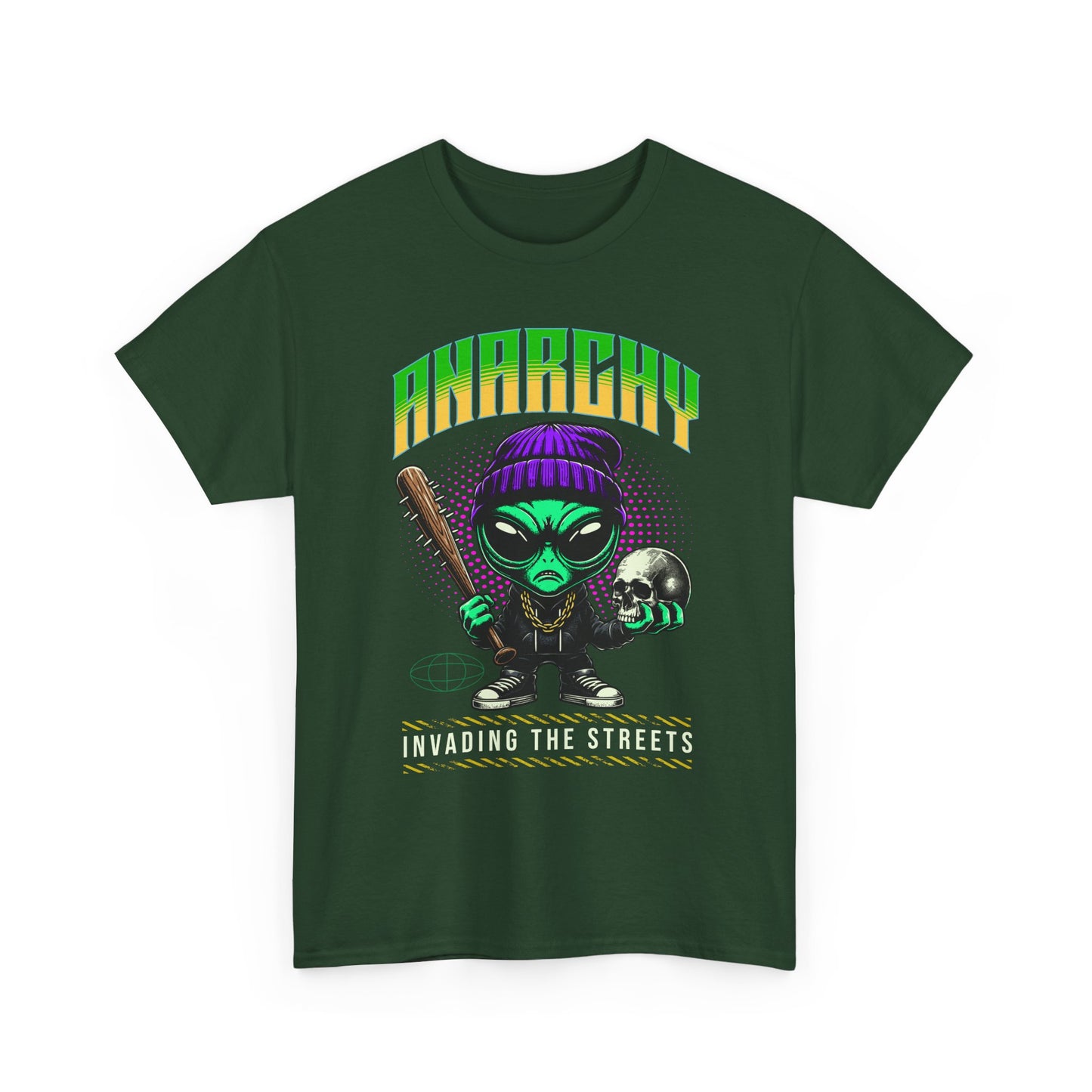 Anarchy Alien Graphic Tee | Cartoon Alien with Bat & Skull Streetwear T-Shirt