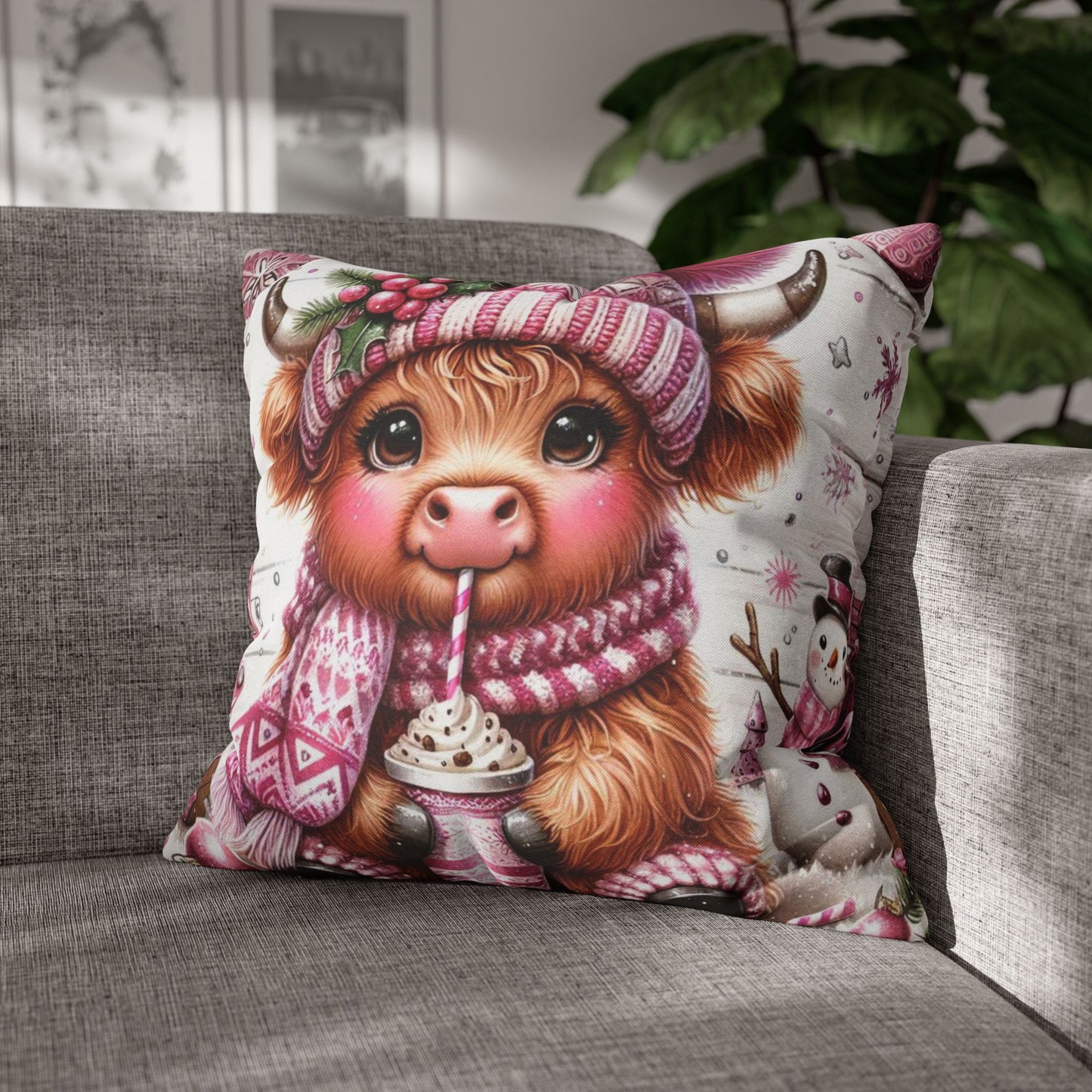 Cute Pink Highland Cow Winter Christmas Pillowcase | Holiday Decorative Throw Pillow Cover COVER ONLY