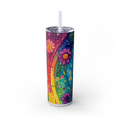 Vibrant Floral 20oz Skinny Tumbler With Straw, Colorful Water Bottle, Flower Drinkware, Boho Style Cup, Summer Vibes, Everyday Travel Cup