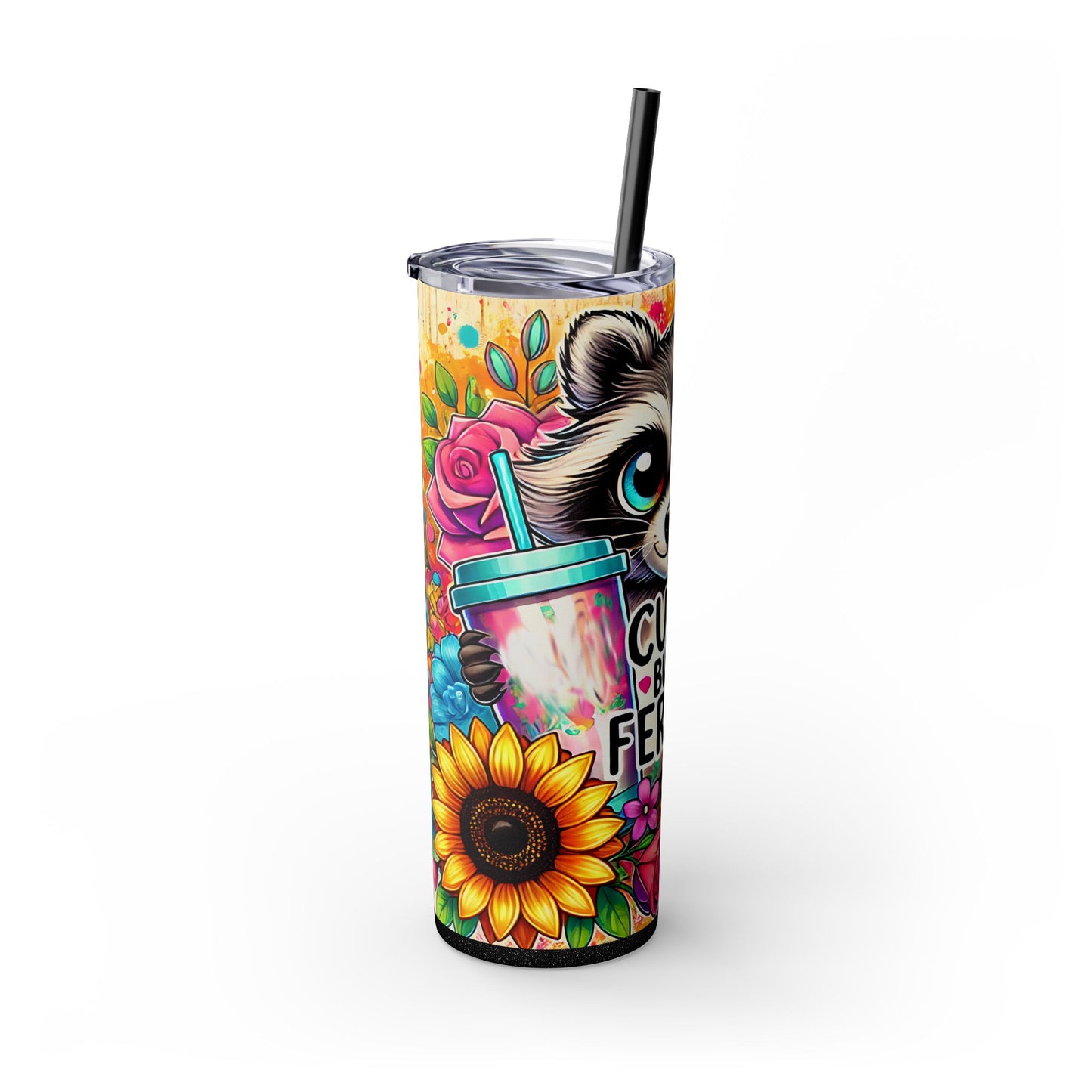Cute But Feral Raccoon 20oz Skinny Tumbler With Straw | Colorful Raccoon Design, Fun Drinkware for Animal Lovers, Eco-Friendly Gift
