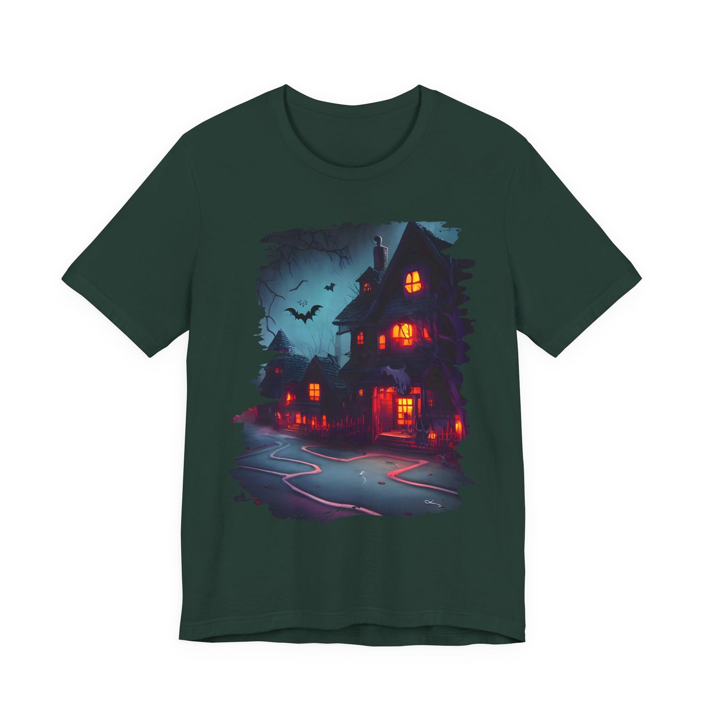 Spooky Halloween Haunted House Tee, Unisex Short Sleeve Shirt, Haunted House Graphic T-Shirt, Halloween Costume Top, Fall Festival Attire