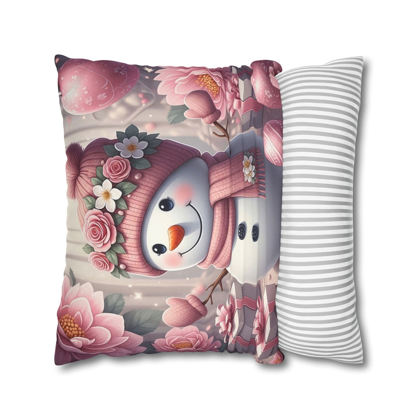 Pink Floral Snowman Christmas Pillowcase | Holiday Decorative Throw Pillow Cover COVER ONLY