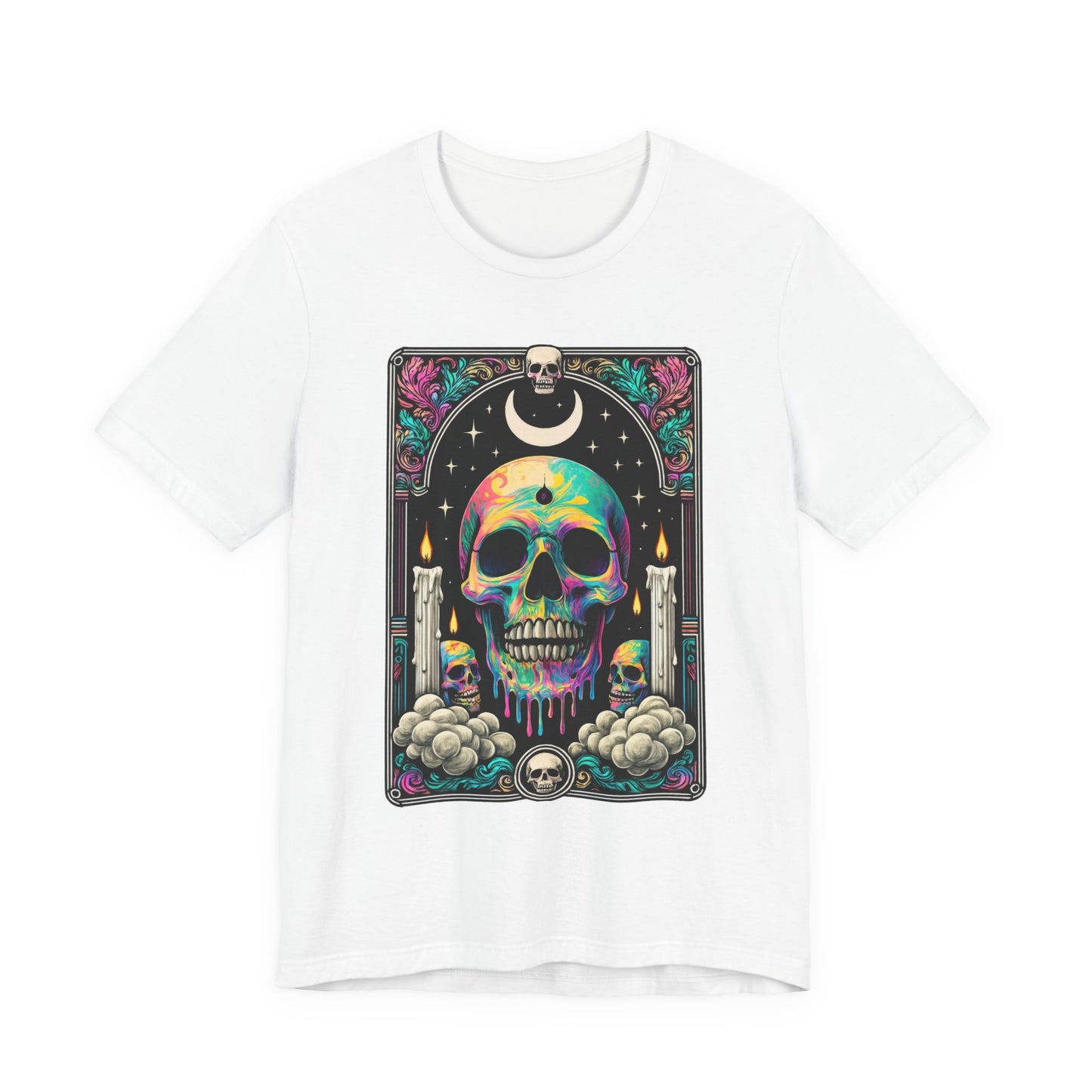 Tarot Card Skull Graphic Tee, Unisex T-Shirt for Halloween, Festival Wear, Party Shirt, Gifts for Him/Her, Casual Streetwear