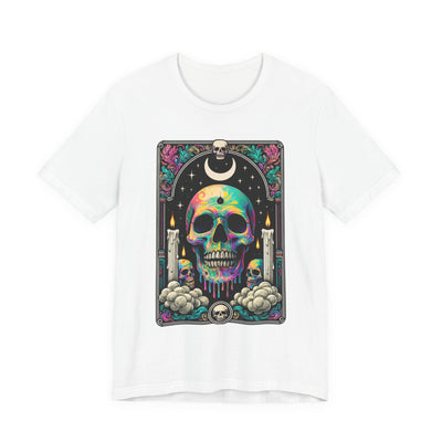 Tarot Card Skull Graphic Tee, Unisex T-Shirt for Halloween, Festival Wear, Party Shirt, Gifts for Him/Her, Casual Streetwear