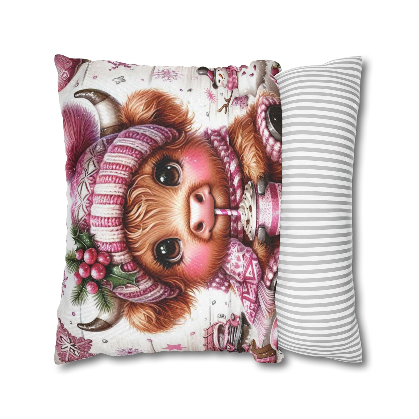 Cute Pink Highland Cow Winter Christmas Pillowcase | Holiday Decorative Throw Pillow Cover COVER ONLY
