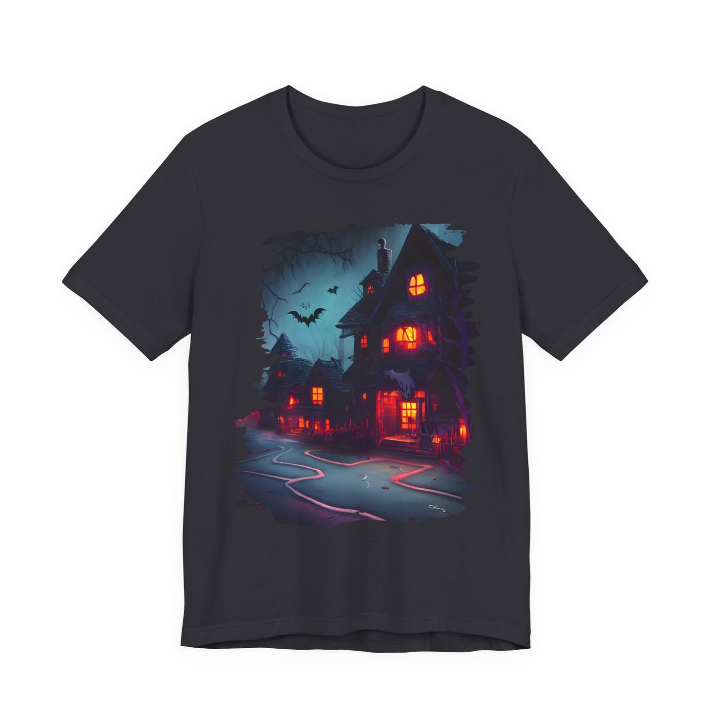 Spooky Halloween Haunted House Tee, Unisex Short Sleeve Shirt, Haunted House Graphic T-Shirt, Halloween Costume Top, Fall Festival Attire