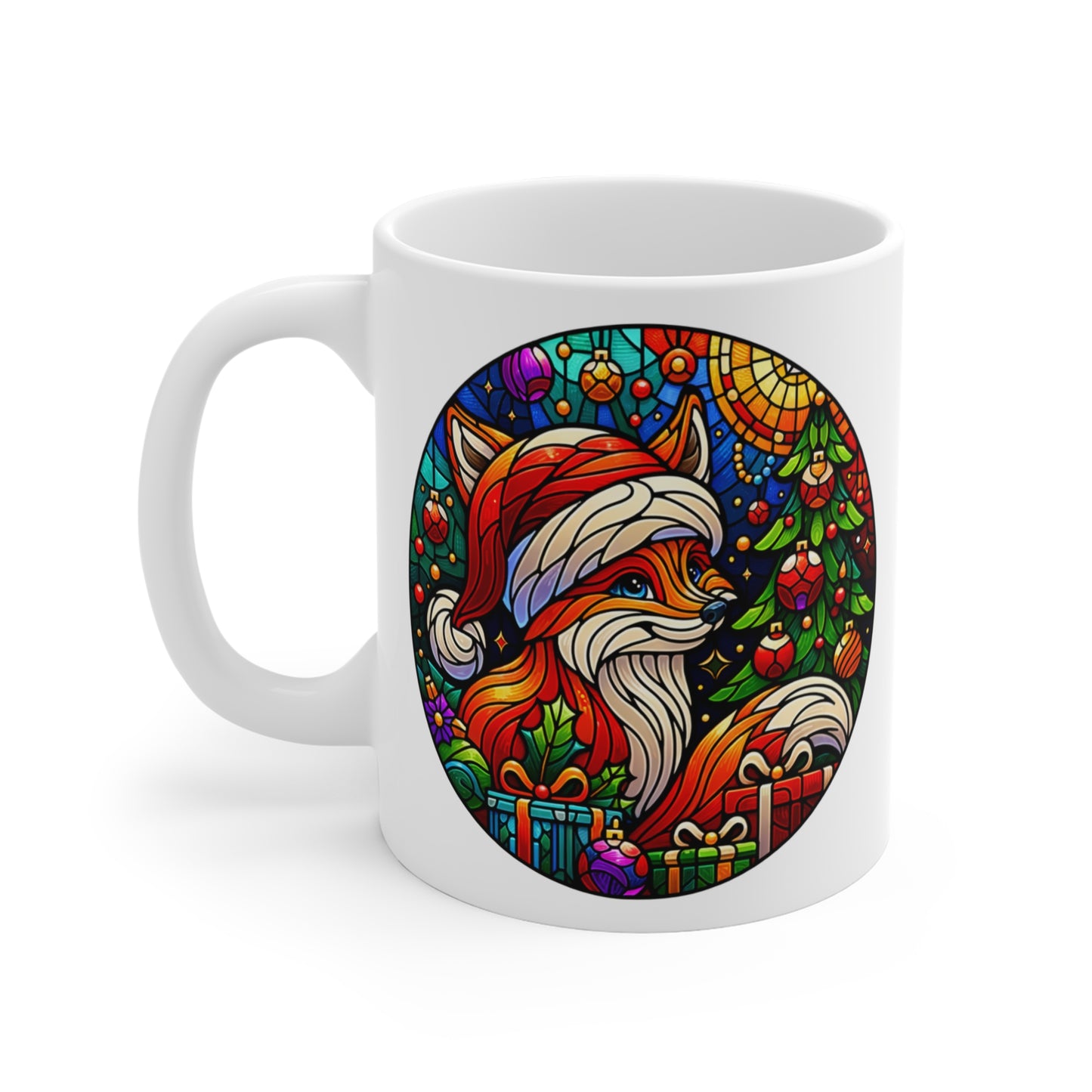 Festive Fox 11oz Christmas Mug  - Holiday Cheer Coffee Cup with Colorful Stained Glass Design