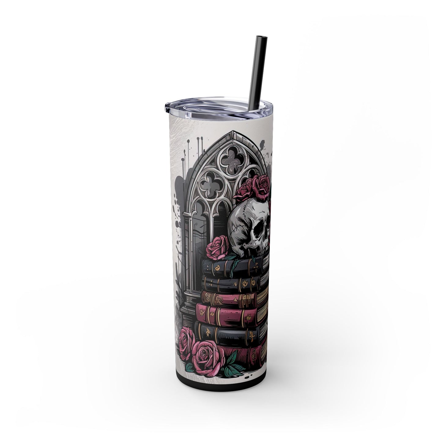 Gothic Dark Fantasy Romance Lover 20oz Skinny Tumbler With Straw, BookTok Girly Skull Design, Perfect Gift for Readers, Halloween Decor