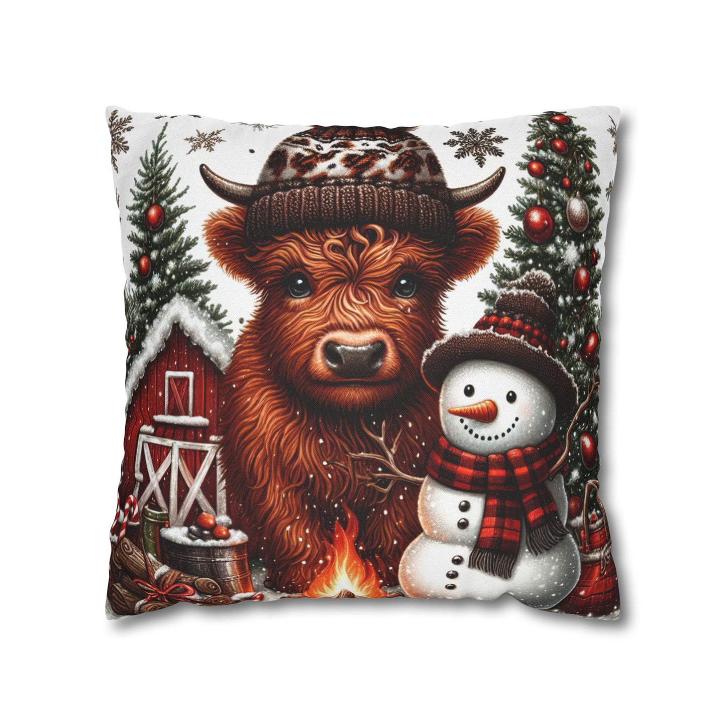 Christmas Highland Cow & Snowman Christmas Pillowcase | Holiday Decorative Throw Pillow Cover COVER ONLY