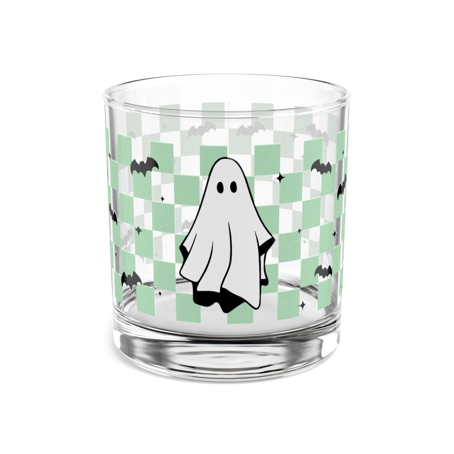 Checkered Ghost Rocks Glass, Spooky Drinkware, Ghost and Bat Design, Perfect for Parties, Unique Gift for Fall Celebrations
