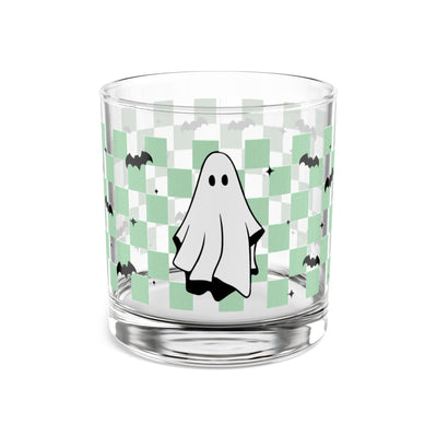 Checkered Ghost Rocks Glass, Spooky Drinkware, Ghost and Bat Design, Perfect for Parties, Unique Gift for Fall Celebrations
