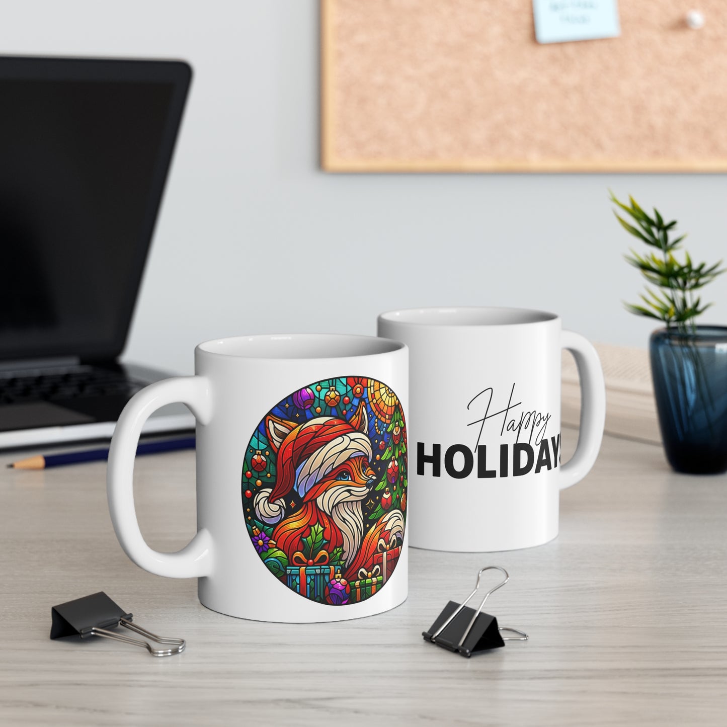 Festive Fox 11oz Christmas Mug  - Holiday Cheer Coffee Cup with Colorful Stained Glass Design