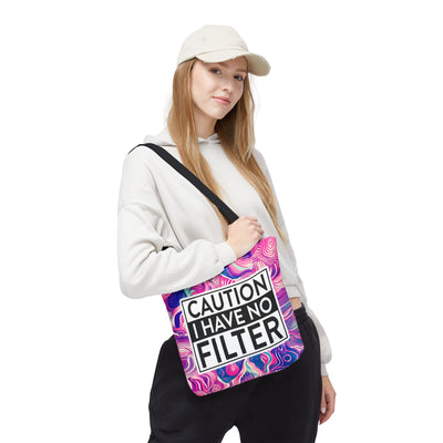 Caution I Have No Filter Trendy Shopping Tote Bag, Gift for Her, Sarcastic Beach or Gym Bag For Everyday Use