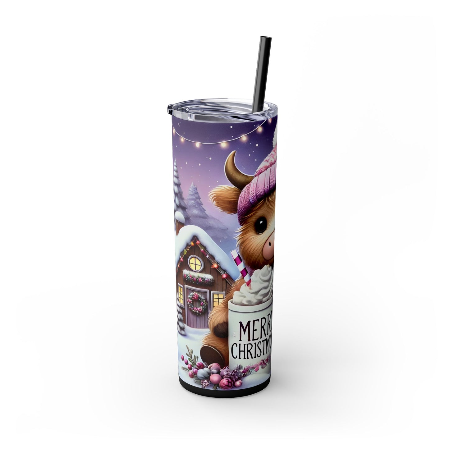 Highland Cow Christmas 20oz Skinny Tumbler with Straw | Holiday Tumbler Gift For Everyone