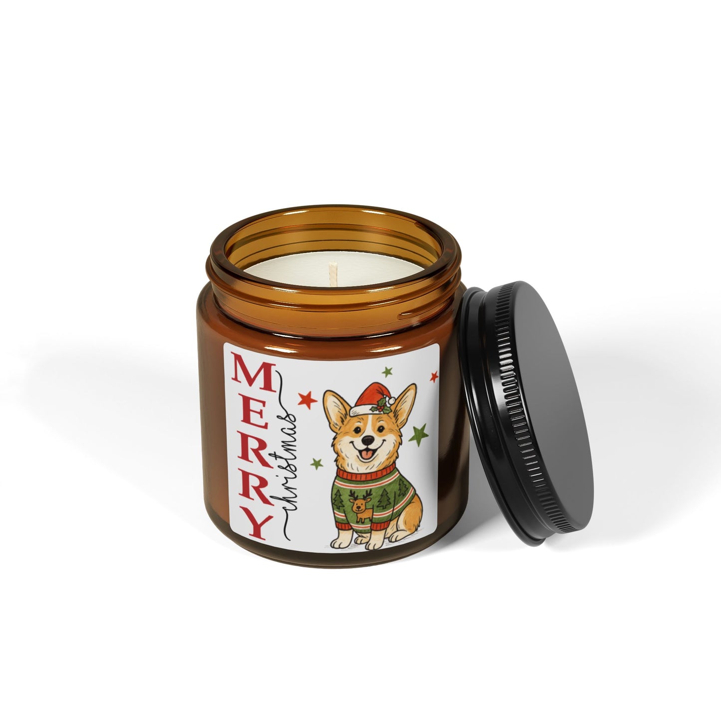 Merry Christmas Corgi Soy Wax Amber Jar Christmas Candle | Christmas Variety Scented Candle, Four Different Scents To Choose