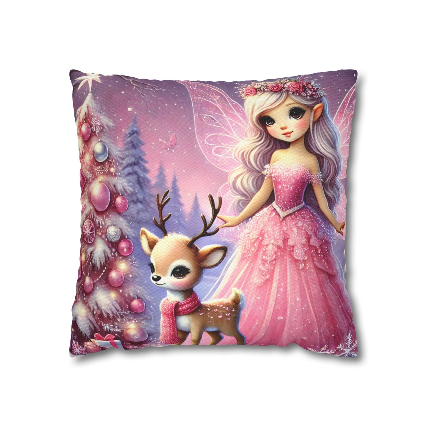 Fairy Princess & Reindeer Christmas Pillowcase | Holiday Decorative Throw Pillow Cover COVER ONLY