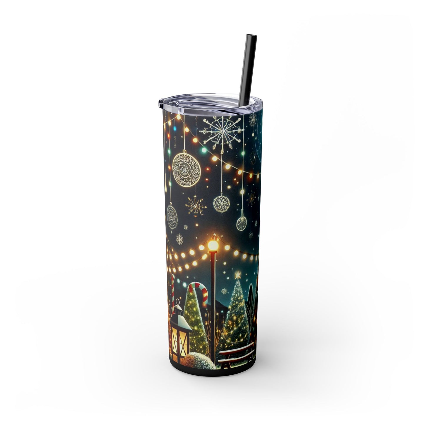 Festive Christmas Tree & Lights Christmas 20oz Skinny Tumbler with Straw | Holiday Tumbler Gift For Everyone