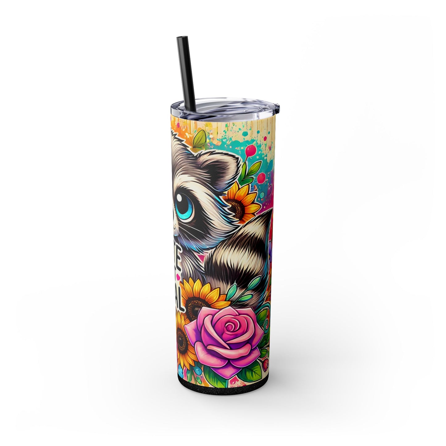 Cute But Feral Raccoon 20oz Skinny Tumbler With Straw | Colorful Raccoon Design, Fun Drinkware for Animal Lovers, Eco-Friendly Gift