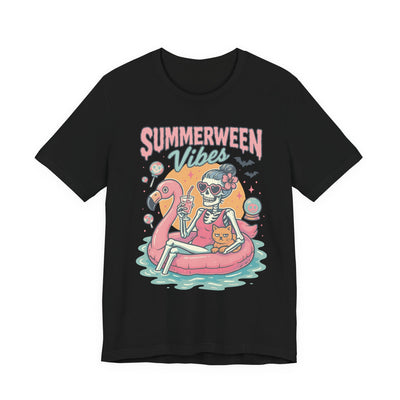 Summerween Vibes Skeleton Tee, Unisex Summer Shirt, Cute Halloween T-Shirt, Fun Seasonal Apparel, Gift for Halloween Lovers