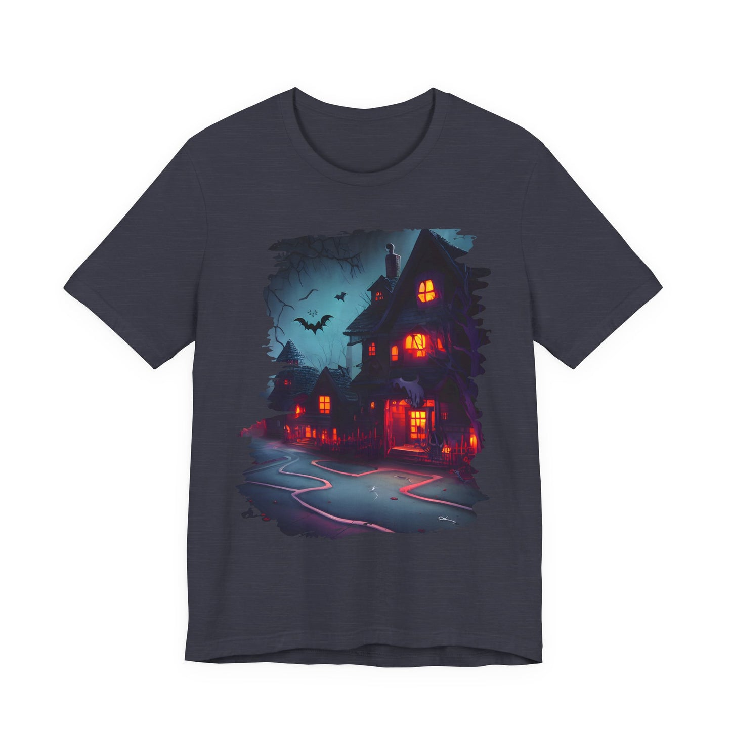 Spooky Halloween Haunted House Tee, Unisex Short Sleeve Shirt, Haunted House Graphic T-Shirt, Halloween Costume Top, Fall Festival Attire