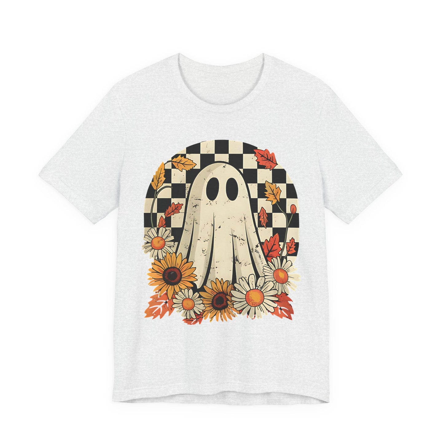 Cute Checkered Ghost Fall Graphic Tee | Unisex Short Sleeve T-Shirt, Halloween Shirt, Floral Graphic Tee, Fall Apparel, Pumpkin Patch Outfit