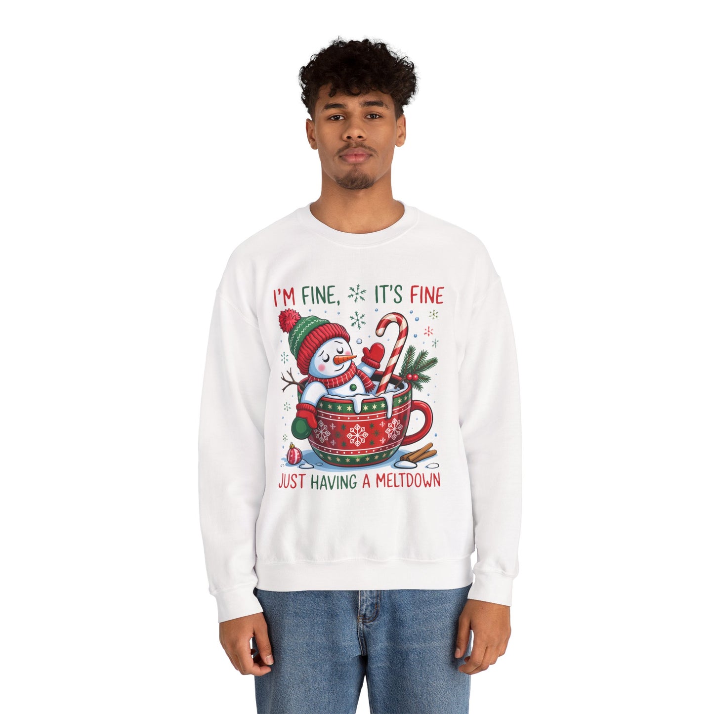 Festive Snowman "I'm Fine, It's Fine" Unisex Crewneck Sweatshirt | Cozy Christmas Holiday Graphic Pullover