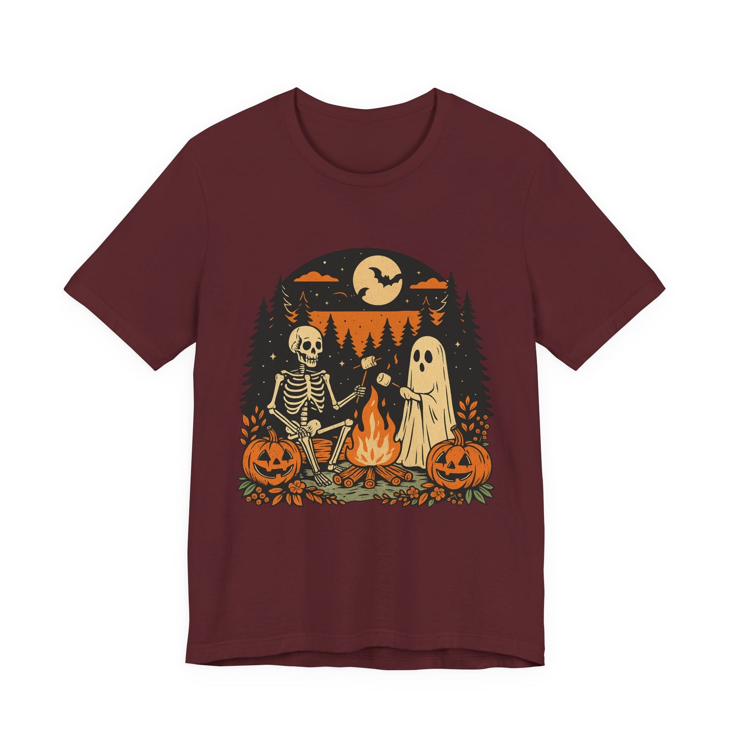 Autumn Campfire Halloween Ghost & Skeleton Tee, Unisex Halloween Shirt, Party T-Shirt, Spooky Season Apparel, Fall Festive Top, Ghoulish Graphic Tee