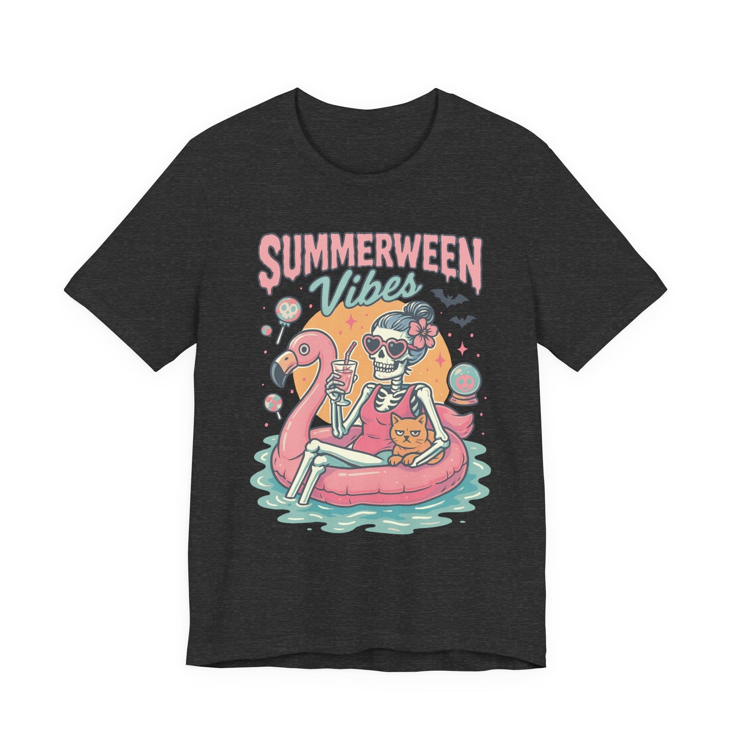Summerween Vibes Skeleton Tee, Unisex Summer Shirt, Cute Halloween T-Shirt, Fun Seasonal Apparel, Gift for Halloween Lovers