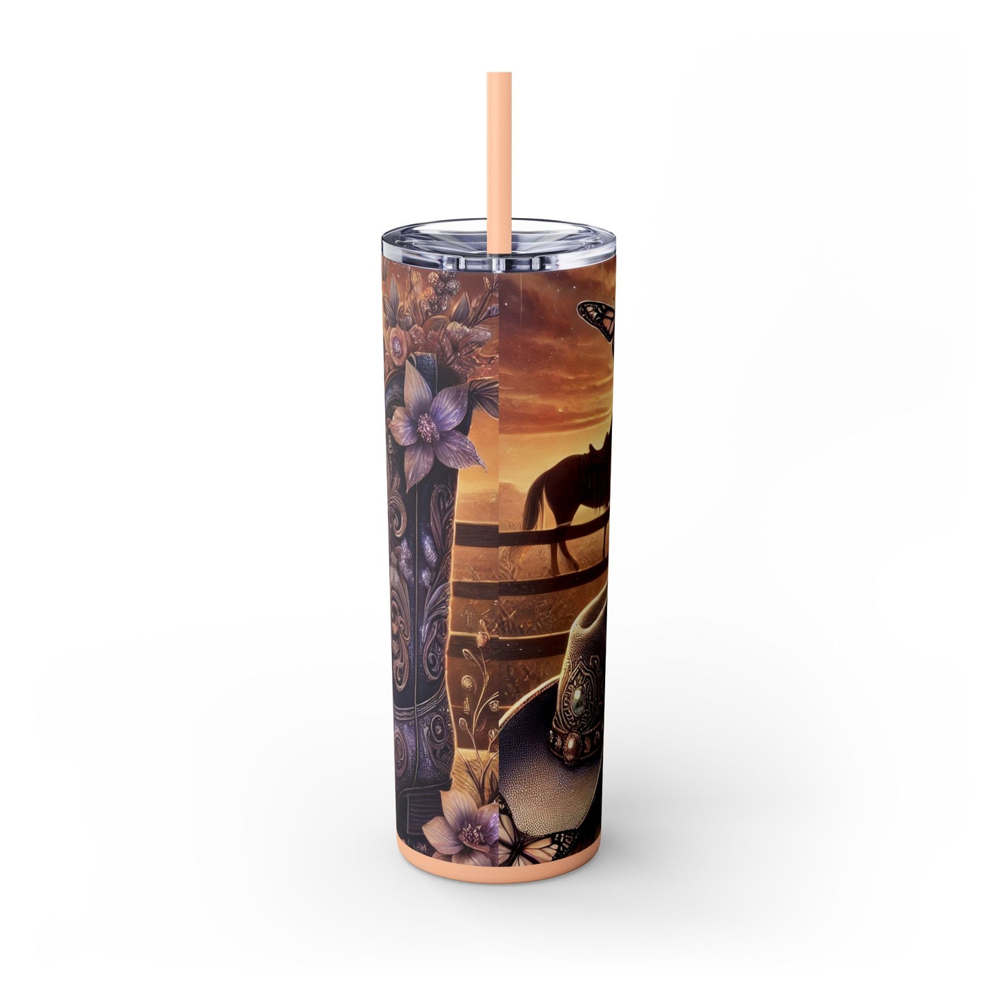 Western-Themed 20oz Skinny Tumbler With Straw, Rustic Cowgirl Drinkware, Stylish Travel Cup, Perfect for Gifting, Barbecue, and Rodeos