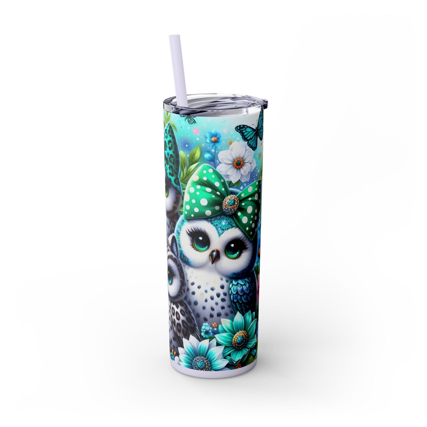 Cute Owls Skinny 20oz Tumbler With Straw, Perfect for Gifts, Floral Design, Drinkware for Owl & Animal Lovers, Travel or Home Use