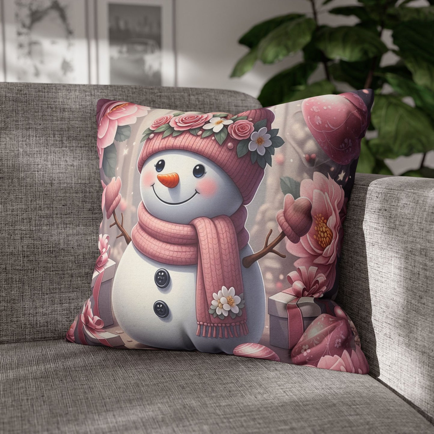 Pink Floral Snowman Christmas Pillowcase | Holiday Decorative Throw Pillow Cover COVER ONLY