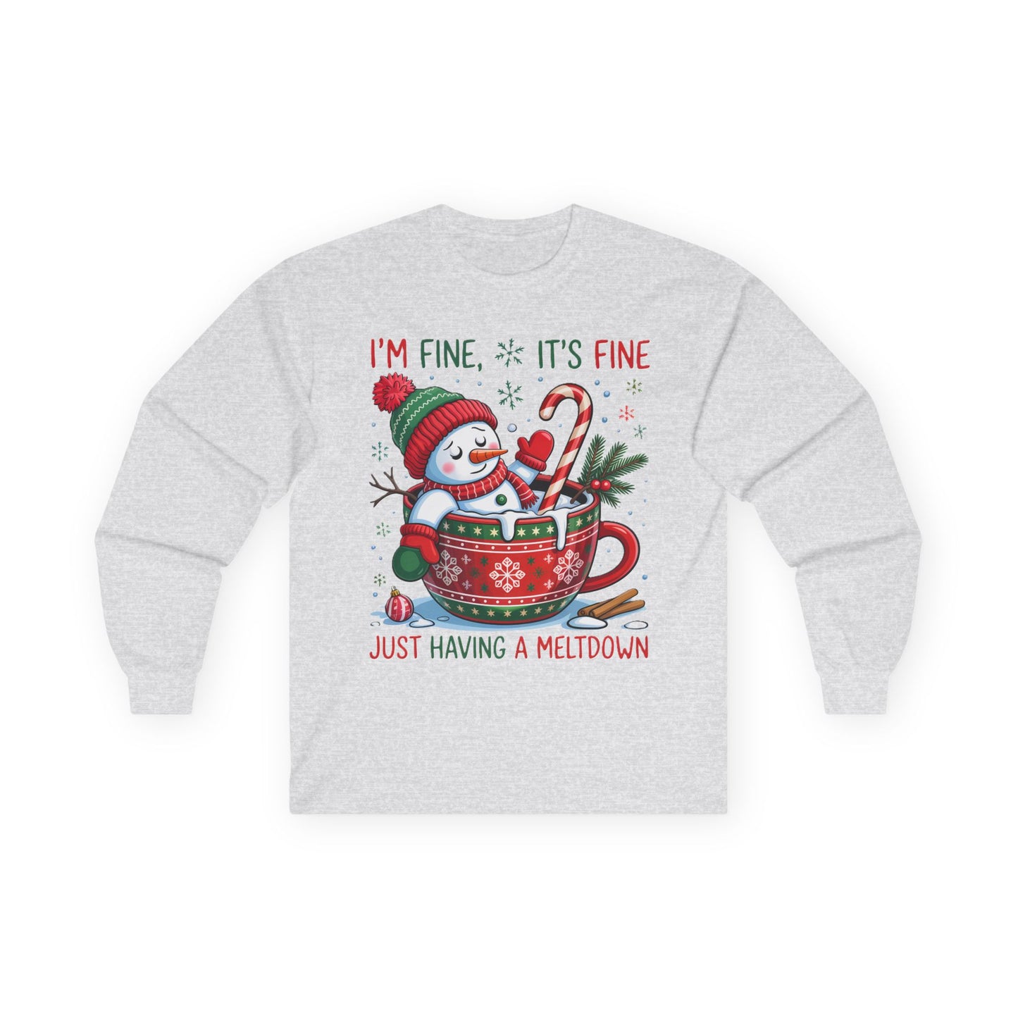 Funny Christmas Unisex Long Sleeve Tee - "I'm Fine, It's Fine, Just Having a Meltdown" | Christmas Shirt, Holiday Wear, Funny Snowman Shirt