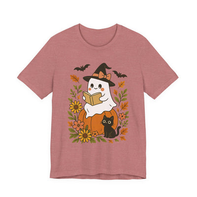 Halloween Ghost & Black Cat Tee, Unisex Jersey Short Sleeve, Spooky Shirt, Fall Fashion, Trick or Treat Tee, Cat Lover Gift, Book Worm Shirt